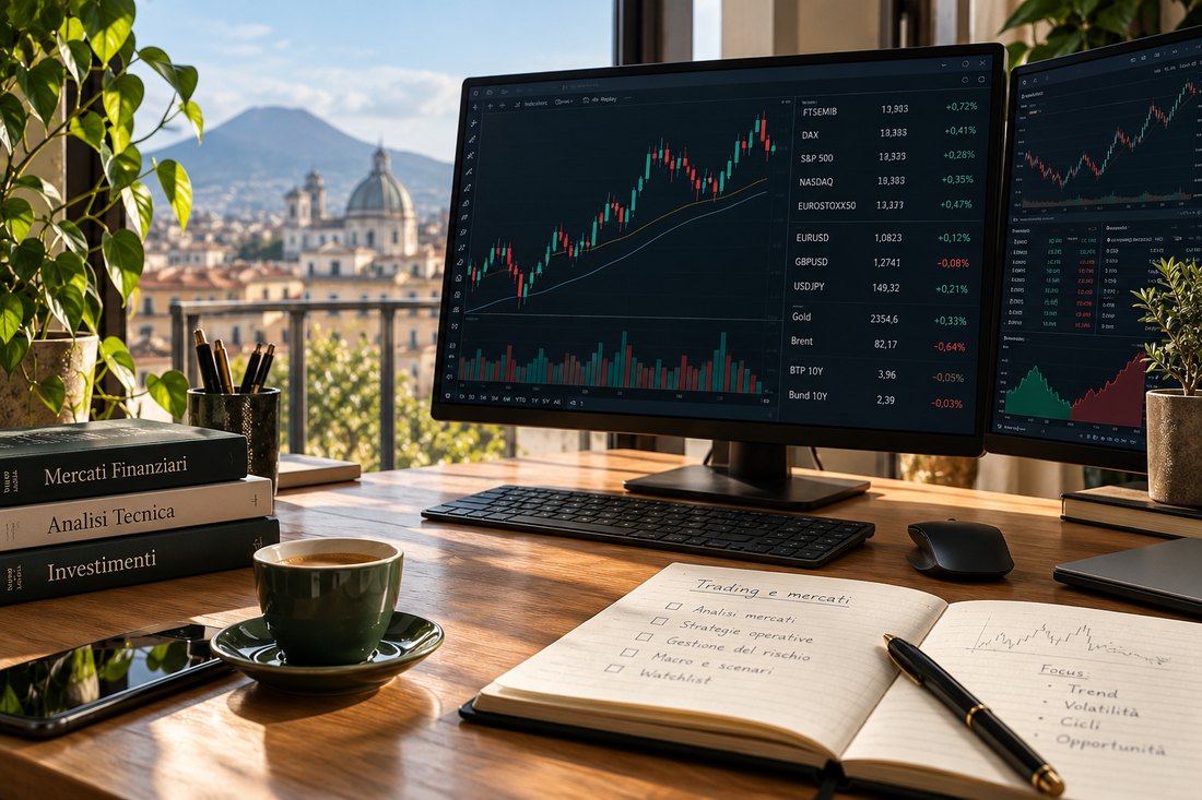 Postazione trading con grafici dei mercati